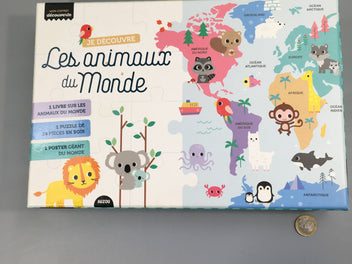 Mon Coffret Découverte : les animaux du monde puzzle en bois 24pcs + livre +4a