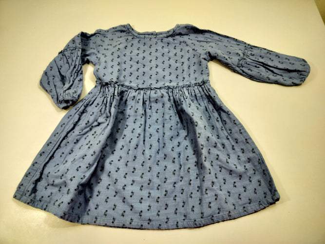 Robe m.l bleue  motifs  fleurs bleu marine  100% coton  très légèrement boulochée, moins cher chez Petit Kiwi