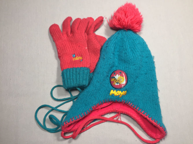 Bonnet et gants Maya turquoise et rose - taille 1 - bouloché, moins cher chez Petit Kiwi