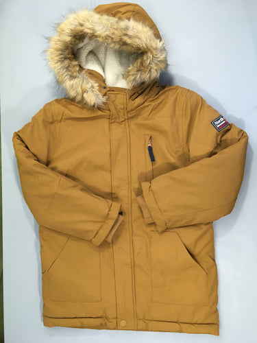 Manteau ocre à capuche fausse fourrure amovible doublée mouton, moins cher chez Petit Kiwi