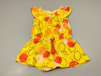 Robe  m.c col élastique  jaune  motifs fruits 59% coton 41% polyester