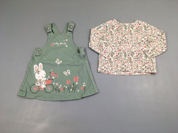 Robe salopette kaki broderie lapin + T-shirt m.l écru fleuri