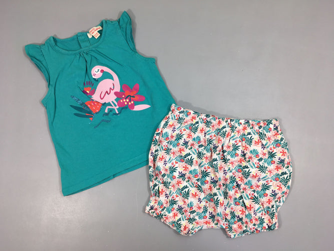 T-shirt m.c turquoise flamand rose + short blanc fleuri, moins cher chez Petit Kiwi