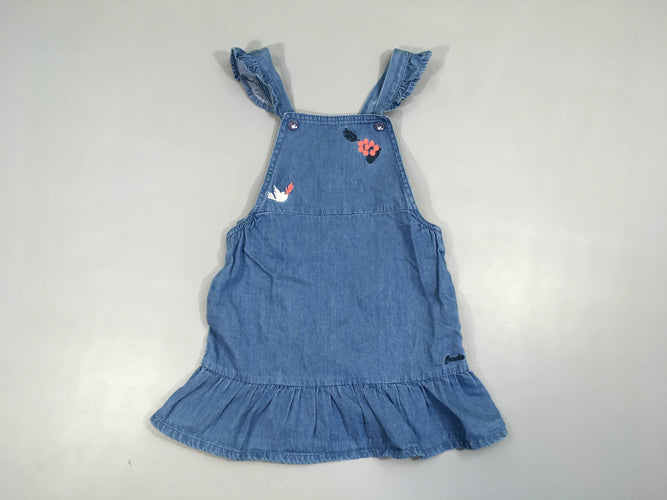 Robe salopette denim broderies oiseau, moins cher chez Petit Kiwi