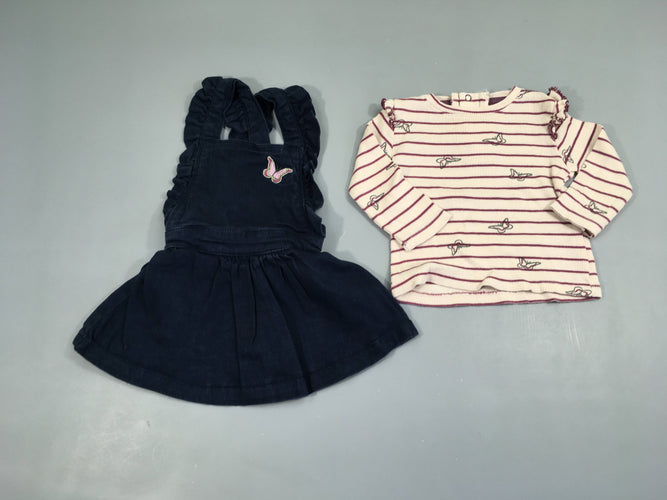 Robe salopette bleu foncé + T-shirt m.l rose côtelé, moins cher chez Petit Kiwi