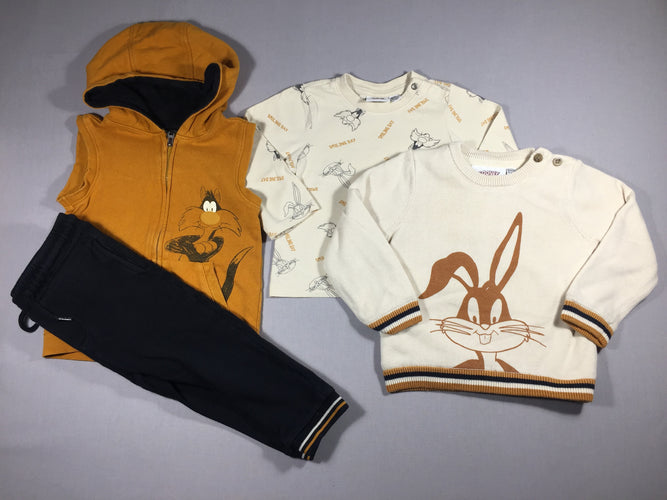 Ensemble  T-shirt m.l + pull beige bugs bunny doublé pilou + Pantalon molleton noir + bodywarmer ocre à capuche, moins cher chez Petit Kiwi