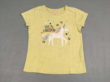 T-shirt m.c jaune licorne, légèrement bouloché, petites taches à l'avant