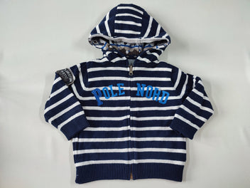 Gilet zippé à capuche fines mailles rayé bleu marine/blanc 