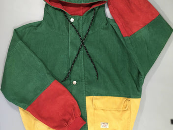 Veste velours côtelé vert-jaune-rouge à capuche S