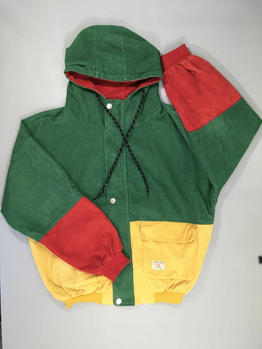 Veste velours côtelé vert-jaune-rouge à capuche S, moins cher chez Petit Kiwi