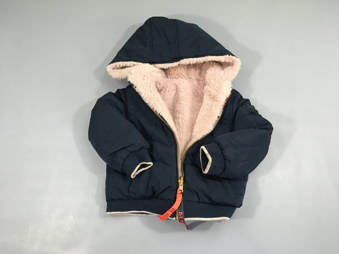 Veste réversible à capuche bleue/peluche vieux rose(petites taches à rafraichir coté bleu), moins cher chez Petit Kiwi