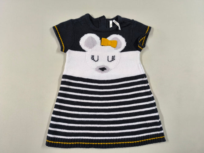 Robe m.c fines mailles rayée noire/blanche ourson noeud moutarde, moins cher chez Petit Kiwi