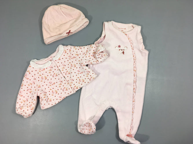 Ensemble Combinaison s.m velours rose pâle + Gilet effet matelassé fleuri + Bonnet velours doublé jersey 40cm, moins cher chez Petit Kiwi