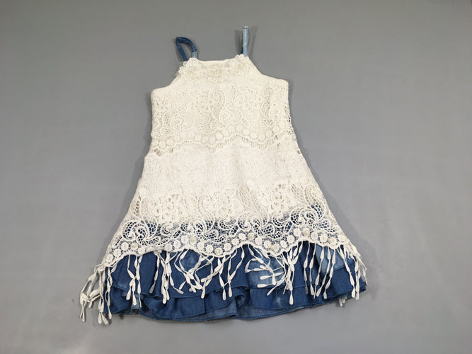 Robe fines bretelles dentelle blanche/denim perles, moins cher chez Petit Kiwi