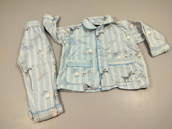 Pyjama  2pcs flanelle bleu ligné blanc, chèvres et moutons  100% coton, bouloché, moins cher chez Petit Kiwi