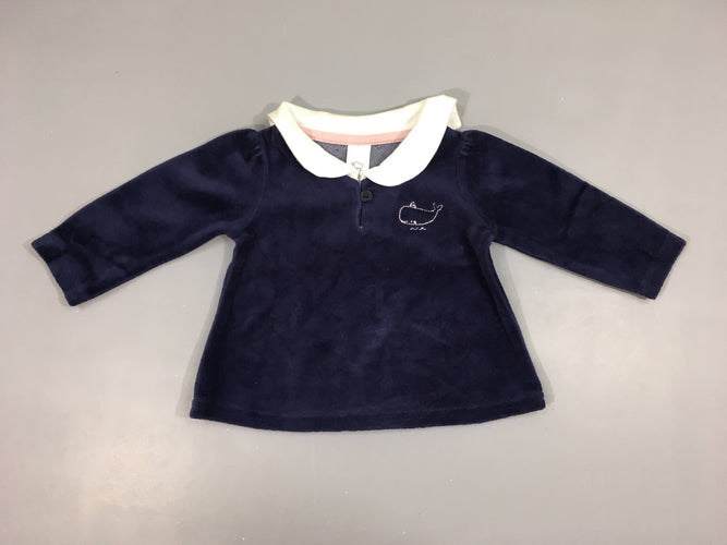 Pull m.l velours bleu foncé col blanc Baleine, moins cher chez Petit Kiwi