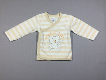 Haut de pyjama croisé - velours ligné blanc et beige  - ourson