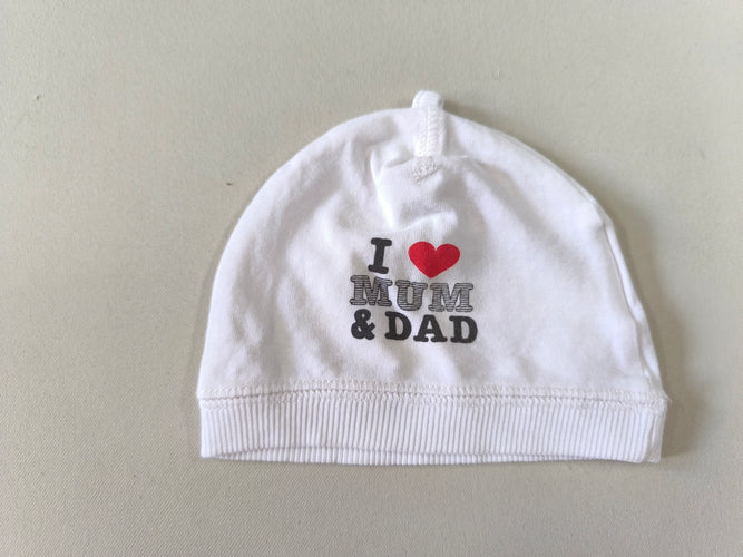 Bonnet jersey blanc "I love mum & dad", moins cher chez Petit Kiwi