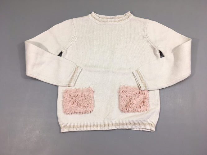 Pull blanc poche velours rose, 4% angora, moins cher chez Petit Kiwi