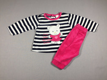 Pyjama 2pcs velours ligné bleu marine et blanc - ourson - Pantalon fushia