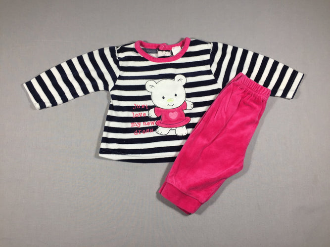 Pyjama 2pcs velours ligné bleu marine et blanc - ourson - Pantalon fushia, moins cher chez Petit Kiwi