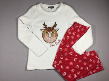 Pyjama 2pcs velours blanc cerf (bouloché) et Pantalon molleton rouge (légèrement bouloché)