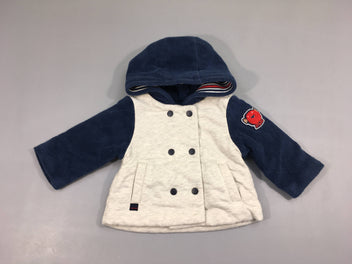 Gilet-veste molleton/éponge gris chiné/bleu poisson à capuche