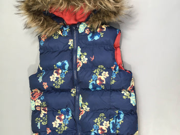 Bodywarmer à capuche fausse fourrure bleu foncé fleuri