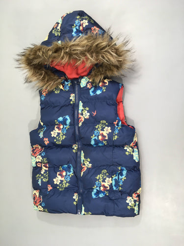 Bodywarmer à capuche fausse fourrure bleu foncé fleuri, moins cher chez Petit Kiwi