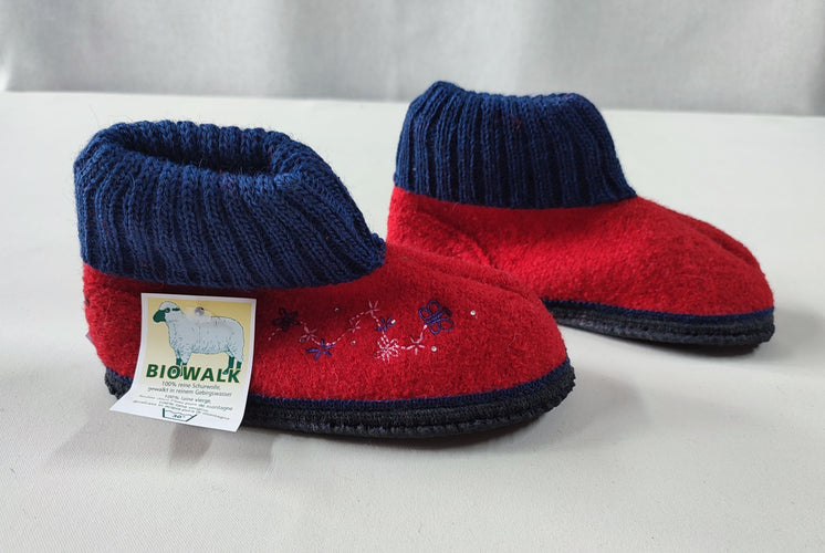 NEUF! Chaussons rouges et bleus à semelles noires, 100% laine vierge, Biowalk, 31, moins cher chez Petit Kiwi