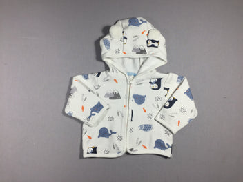 Gilet zippé à capuche blanc - baleines et pingouins - intérieur softy