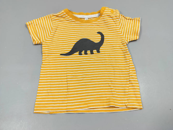 T-shirt m.c jaune rayé blanc, dinosaure 100% coton, moins cher chez Petit Kiwi