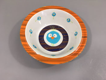 Assiette creuse blanche-orange oiseau bleu-Anneau silicone sous assiette antidérapant-Traces usure