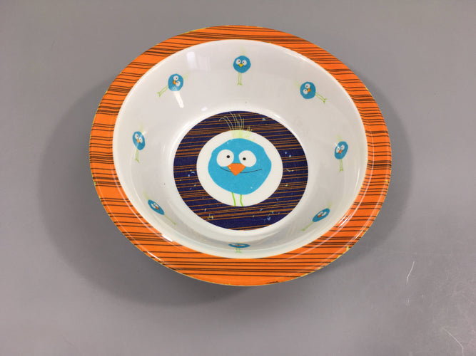 Assiette creuse blanche-orange oiseau bleu-Anneau silicone sous assiette antidérapant-Traces usure, moins cher chez Petit Kiwi