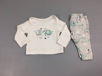 Pyjama 2pcs jersey blanc/gris chiné éléphants