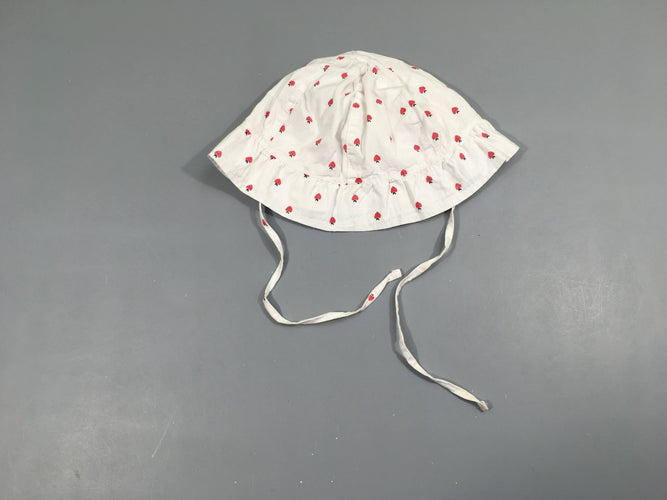 Chapeau blanc fraises, très légèrement bouloché, 49cm, moins cher chez Petit Kiwi