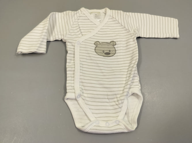 Body m.l blanc rayé gris , tête d'ourson 100% coton, moins cher chez Petit Kiwi