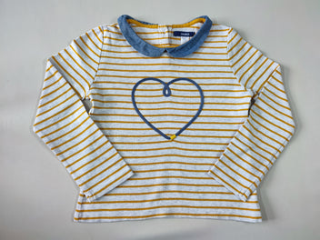 T-shirt m.l gris rayé jaune moutarde coeur col claudine