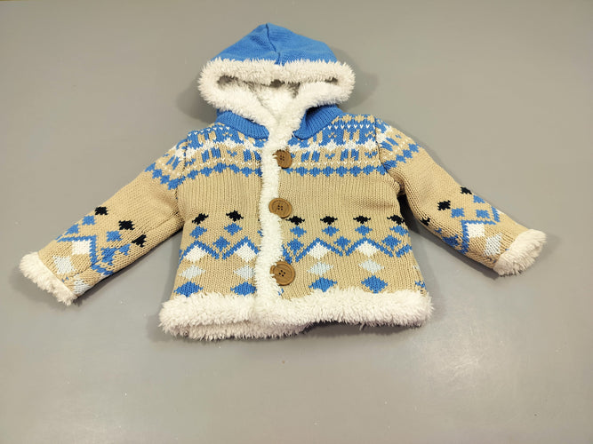 Gilet à capuche beige à motifs bleus, bleu marine, blancs , intérieur peluche, moins cher chez Petit Kiwi