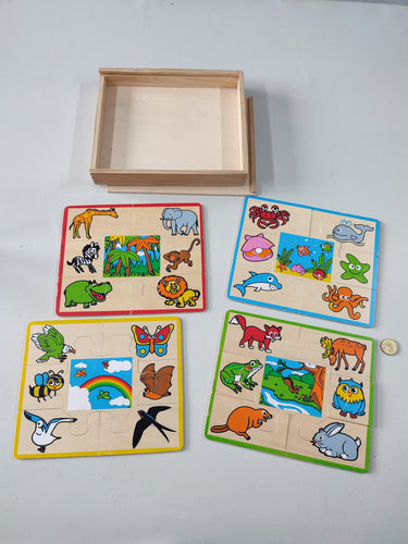 4 puzzles en bois animaux dans une boite en bois - Complet, moins cher chez Petit Kiwi