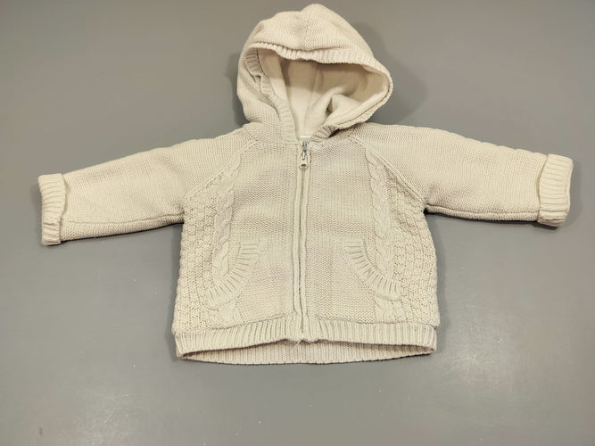 Gilet zippé à capuche style tricot  beige clair. 60% coton 40% ac.r.ylique, moins cher chez Petit Kiwi