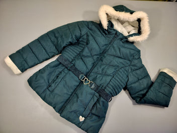 Manteau zippé à capuche à fourrure bleu pétrole ceinture pailletée coeur, à relaver