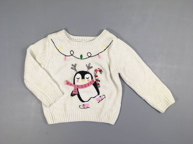 Pull velours blanc pingouin sequin sucre d'orge, moins cher chez Petit Kiwi