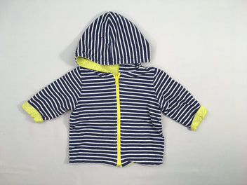 Sweat zippéà capuche réversible bleu rayé blanc /jaune