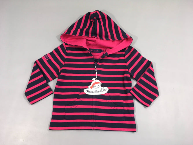 NEUF Sweat zippéà capuche molleton rose rayé bleu marine, moins cher chez Petit Kiwi