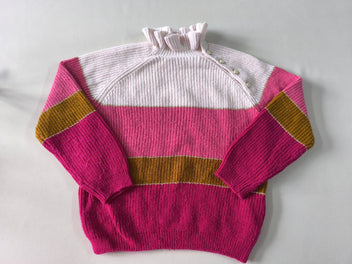 Pull mailles rayé blanc/rose/brun col collerette 3% laine