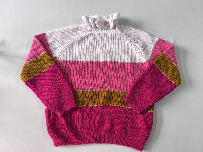 Pull mailles rayé blanc/rose/brun col collerette 3% laine, moins cher chez Petit Kiwi