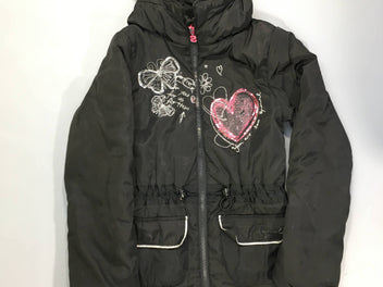 Veste longue  ouatinée noir sequins papillon à capuche repliable dans la nuque-A rafraîchir!