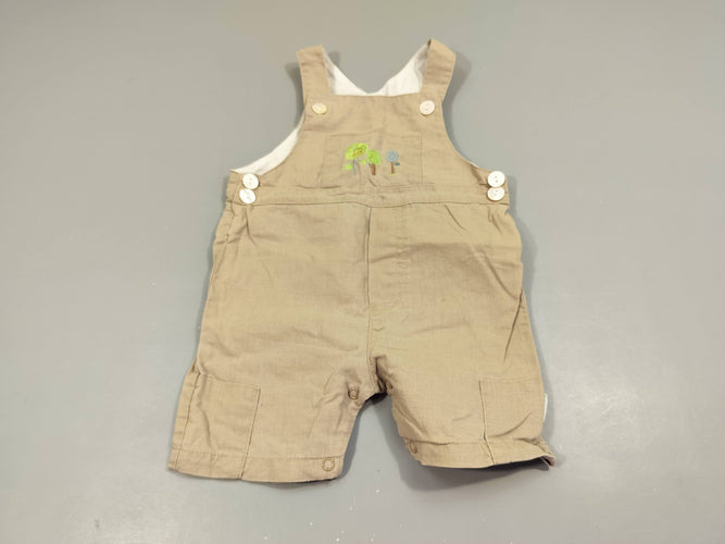 Salopette short  beige ,  motifs ar.bres  55% lin  45% coton, moins cher chez Petit Kiwi