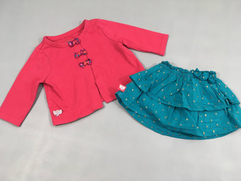 Gilet jersey rose vif noeud + jupe turquoise pois dorés